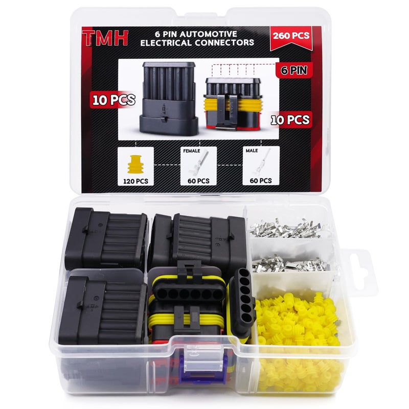 TMH 260 Pcs 6 Pin Electrical Connector Kit Automotive Electrical Wire Terminal Connectors Male&Female Pin Automotive for Car Truck Motorcycle Marine Boat - Image 1